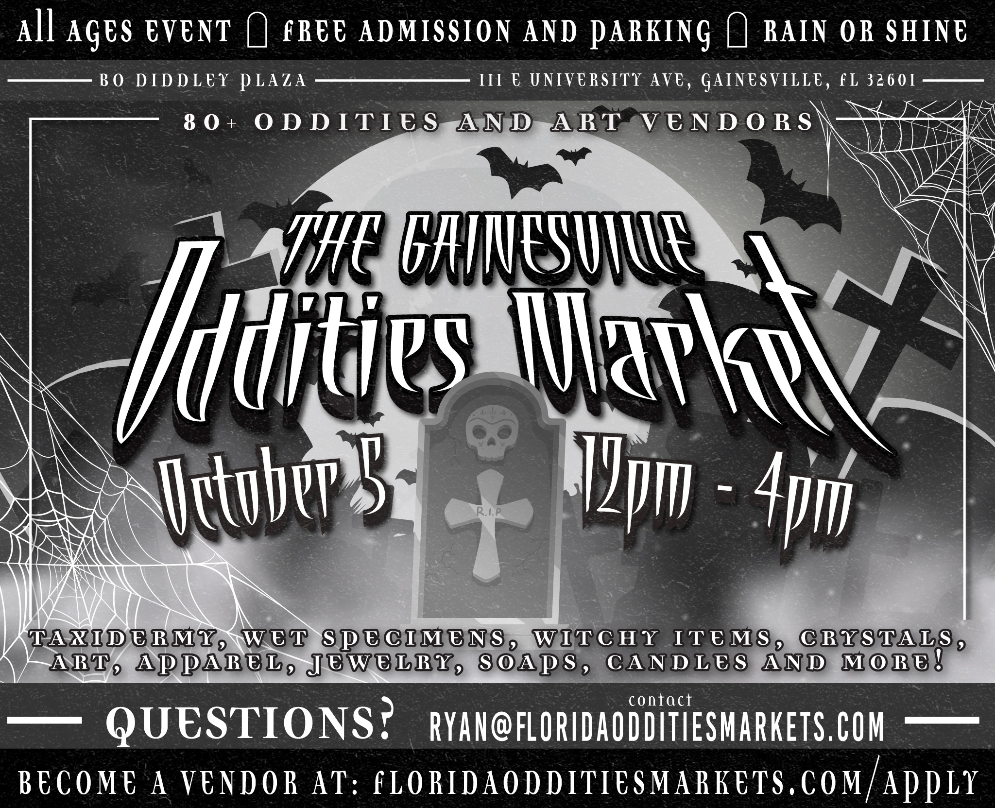 Gainesville Oddities Market's Flyer. Come see us at the Gainesville Oddities Market on 2025-10-05T12:00:00