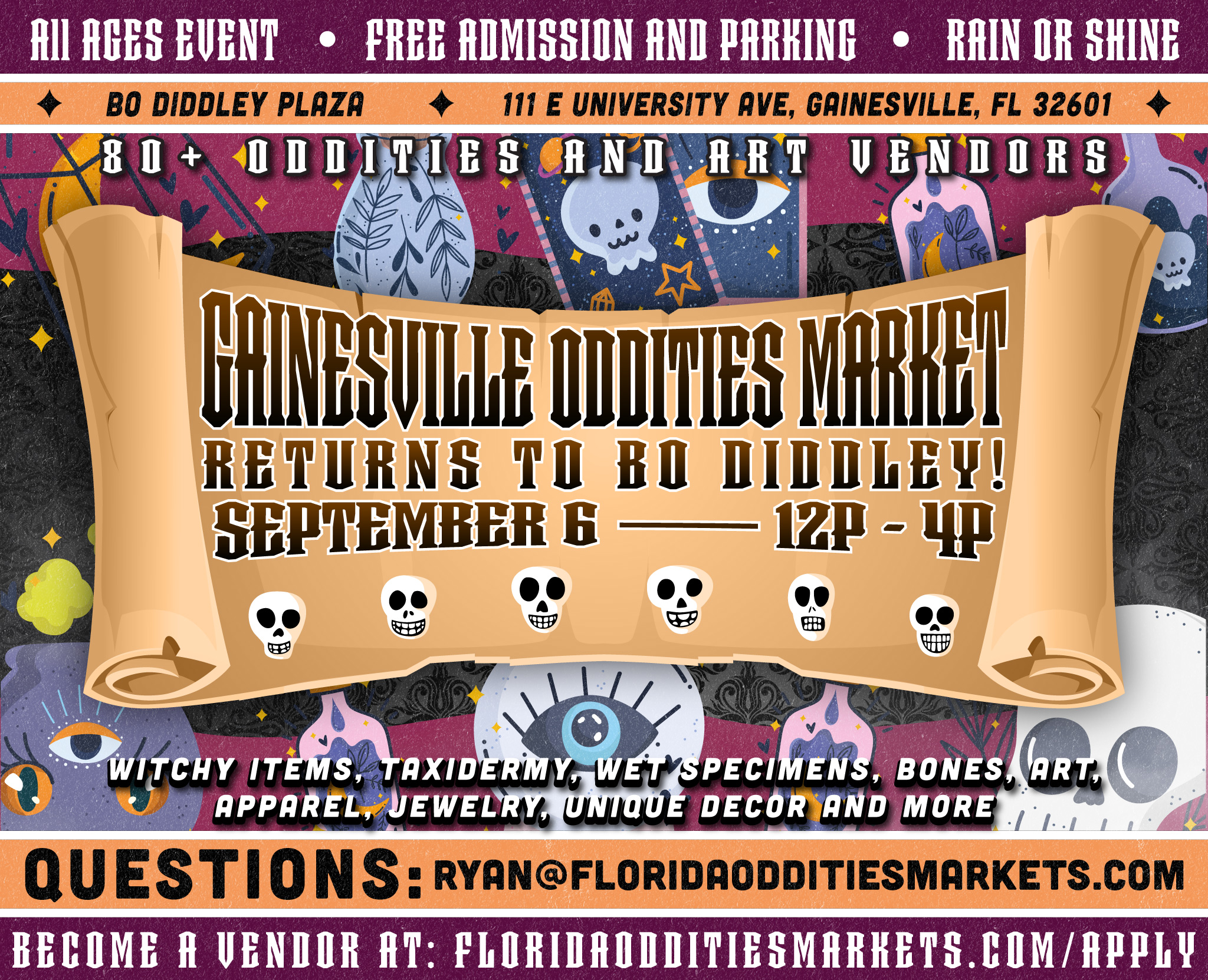 Gainesville Oddities Market's Flyer. Come see us at the Gainesville Oddities Market on 2026-09-06T16:00:00