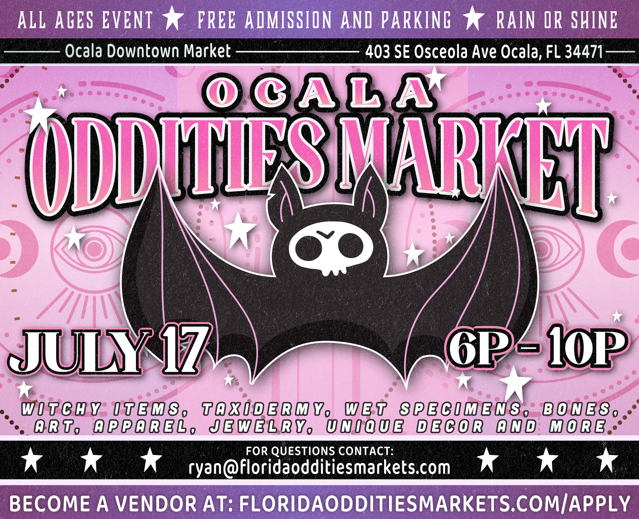 Ocala Oddities Market's Flyer. Come see us at the Ocala Oddities Market on 2026-07-17T22:00:00