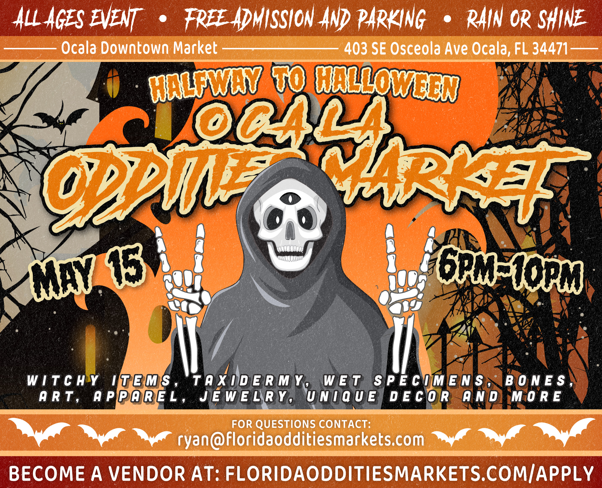 Ocala Oddities Market's Flyer. Come see us at the Ocala Oddities Market on 2026-05-15T22:00:00