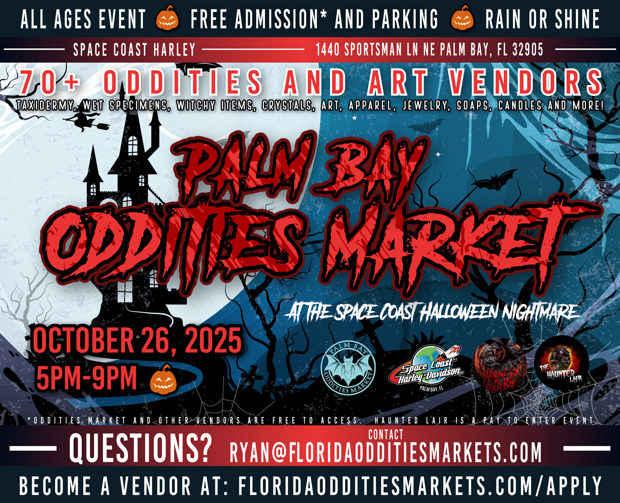 Palm Bay Oddities Market at the Space Coast Halloween Nightmare's Flyer. Come see us at the Palm Bay Oddities Market at the Space Coast Halloween Nightmare on 2025-10-26T16:00:00